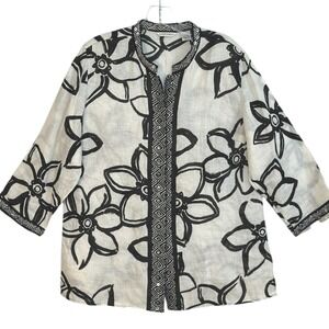 Laura Ashley Tunic Top Linen Floral Shirt Black White Retro Resort Size L